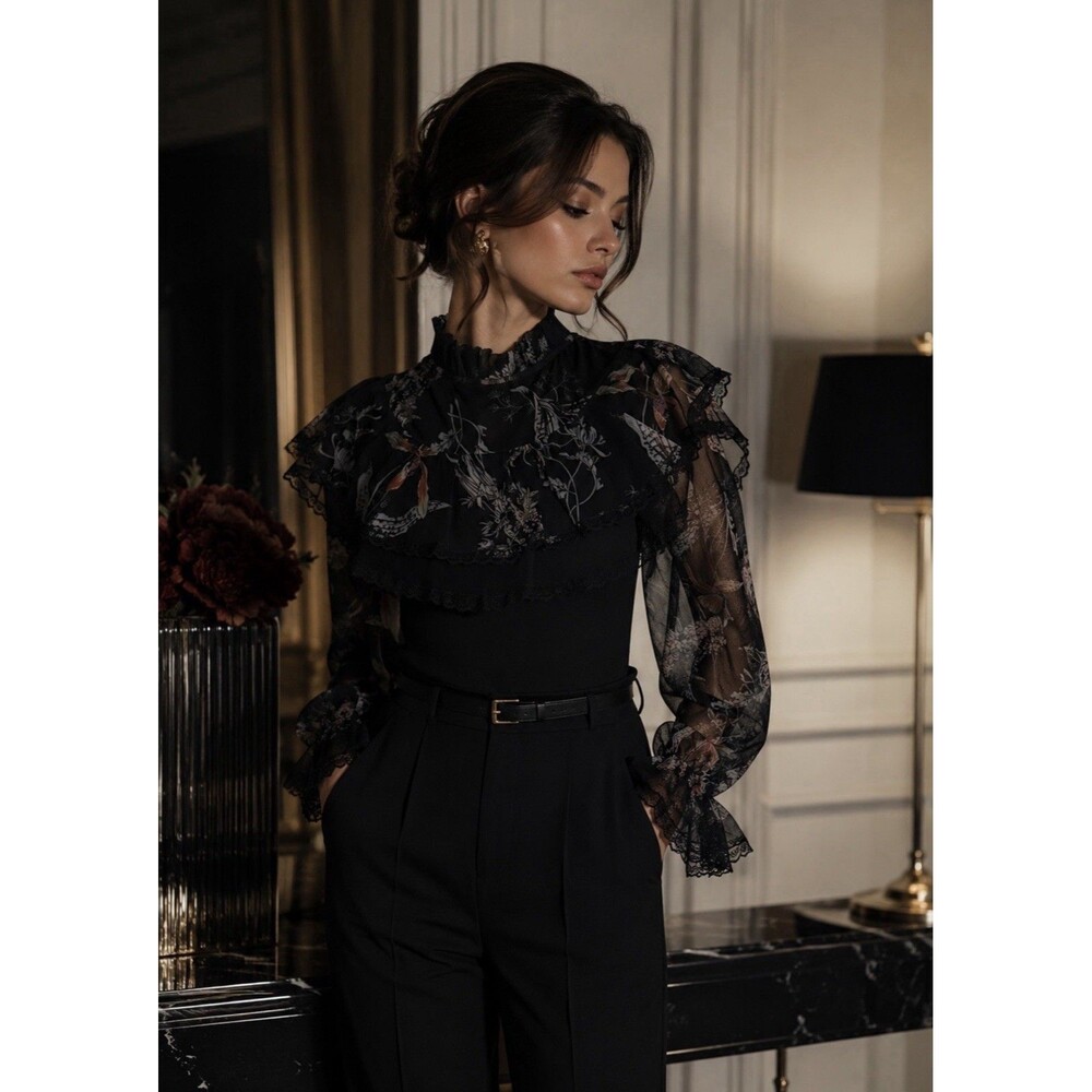 Gracia floral print blouse with ruffles and sheer sleeves Size S Black Romantic